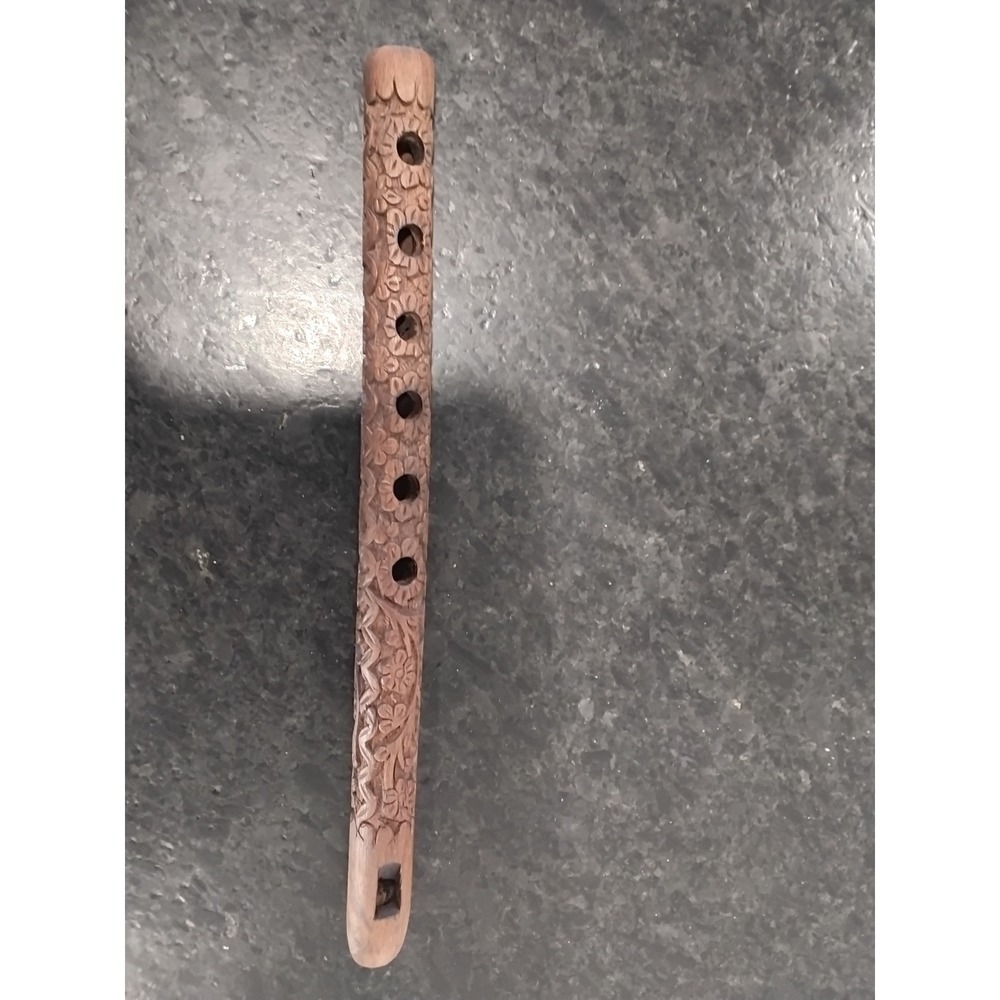 Vintage Hand Carved Wooden Flute Floral Folk Art Woodwind Instrument 12 Inch